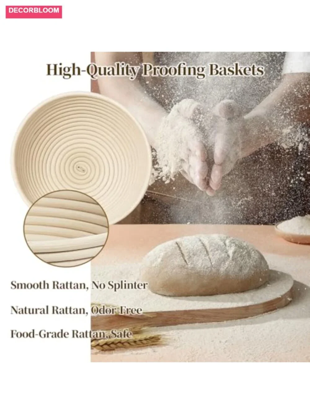 Banneton Bread Proofing Basket Set of 2 (9 inch) with 4 Linen Liners - Natural